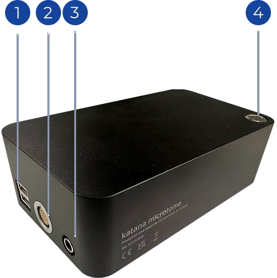 コントローラー。1 USB ポート · 2 メインコネクター · 3 48 V 電源入力 · 4 メインスイッチ。