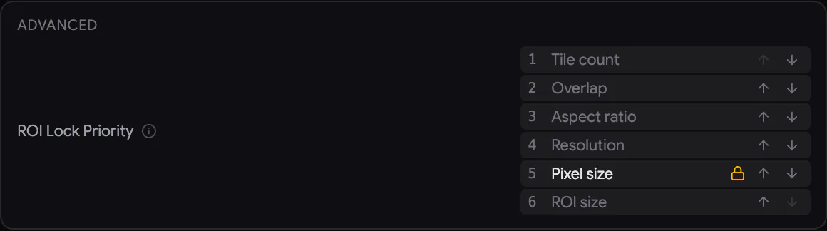 Settings › Advanced の ROI Lock Priority リスト。矢印を使って、項目を上や下に移動します。