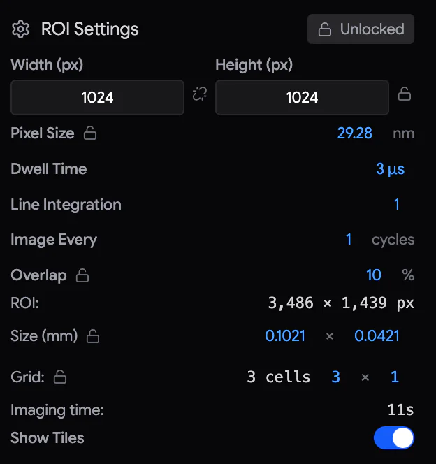 選択した ROI の ROI Settings。南京錠アイコンについては、次の章で説明します。