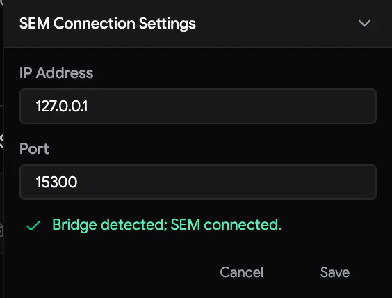 SEM Connection Settings。緑のチェックマークは、ブリッジが応答していて、その顕微鏡が接続されていることを示します。