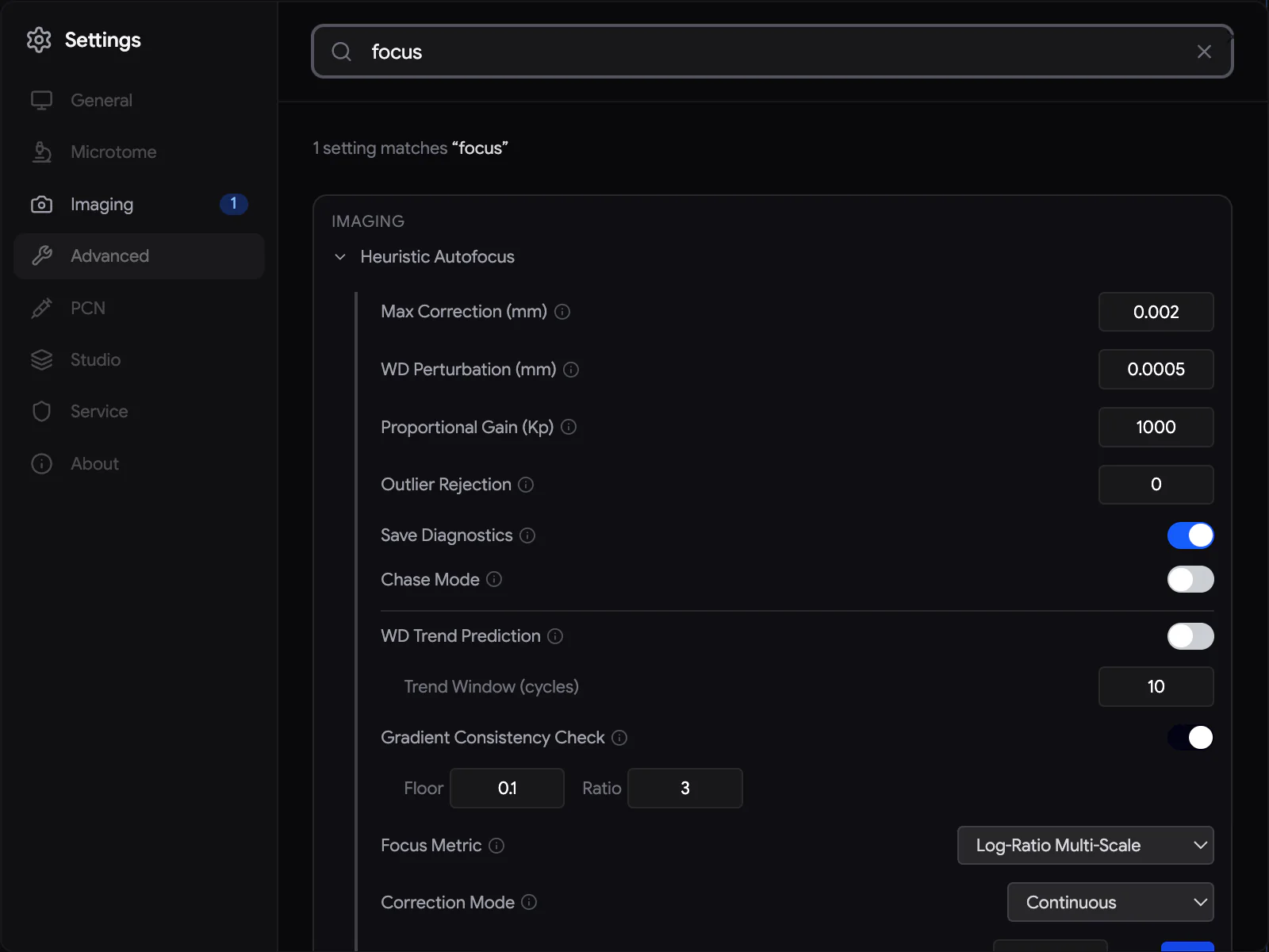 「focus」を検索している Settings ダイアログ。