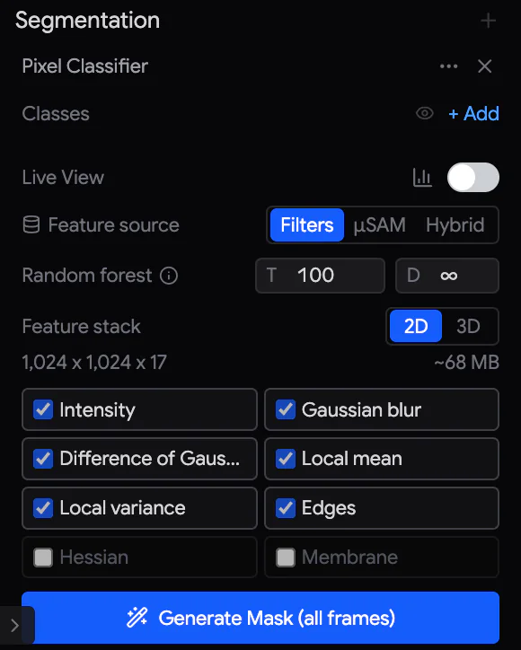 Pixel Classifier パネル。