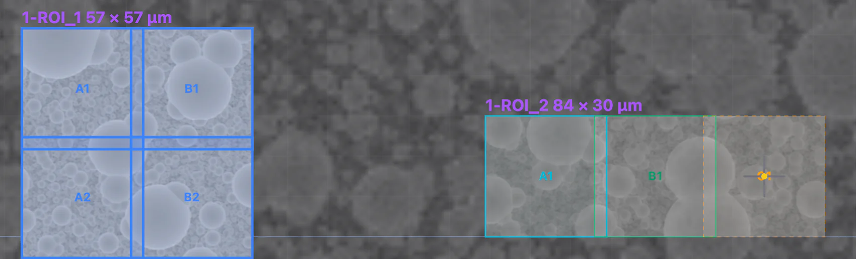 タイルの状態。ROI_1 の 4 枚のタイルは選択されています（青）。ROI_2 では、A1 がオートフォーカス用のタイルです（シアン）。B1 は通常のタイルです（緑）。SEM の十字線の下にある C1 は、無効化されたタイルです（オレンジの破線）。